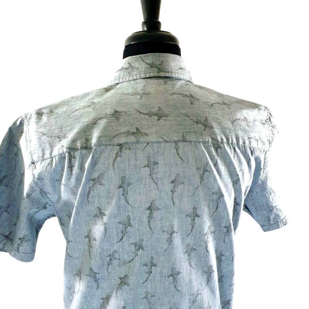 RSQ Collective Mens Medium Short Sleeve Shirt Shark Print Gray Casual Button Up - Picture 6 of 9